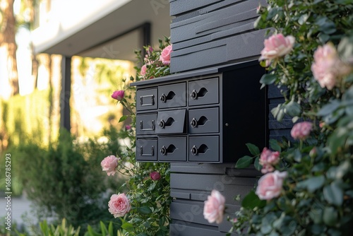 Decorative Mailbox Surrounded by Blooming Roses in a Sunny Garden Setting.