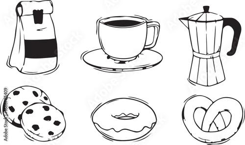 Bild auf Leinwand Coffee and Breakfast Doodles with Morning Elements, Whimsical Design, Black and