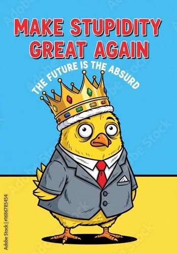 Satirical cartoon of a chick in a suit with a crown, advocating for stupidity.