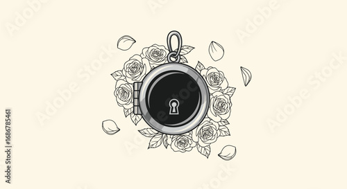 Vintage silver locket with a keyhole surrounded by roses.