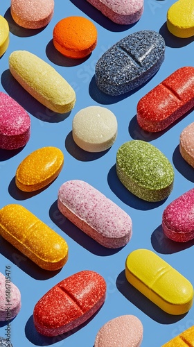 Colorful Assortment of Vitamins and Dietary Supplements on Blue Background