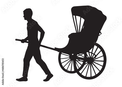 hand pulled rickshaw logo silhouette vector illustration, cycle rickshaw silhouette vector, transport pulled rickshaw vector logo, hand pulled rickshaw logo silhouette vector on white background.