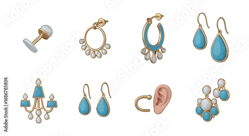 Earring Vector Icon Set with Hoops Teardrops Chandeliers and Blue Gems