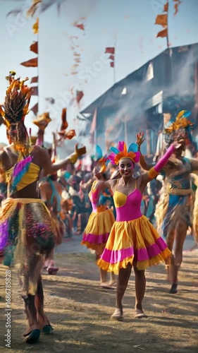 Wallpaper Mural Women dancing joyfully in a colorful carnival parade, dressed in vibrant costumes with confetti in the air. A festive celebration full of movement and energy. Torontodigital.ca