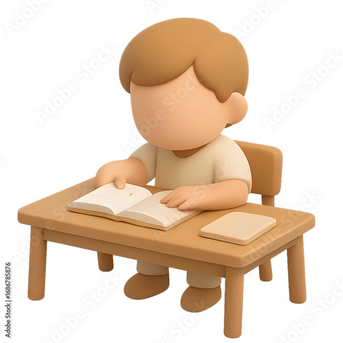 Young schoolboy sitting at desk and reading an open book, 3D cartoon with soft pastel tones