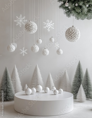 Winter Wonderland Decor With White Ornaments and Trees in Minimalist Setting