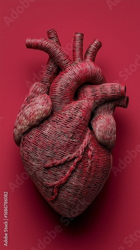 Artistic Representation of a Heart Made From Woven Materials on a Red Background