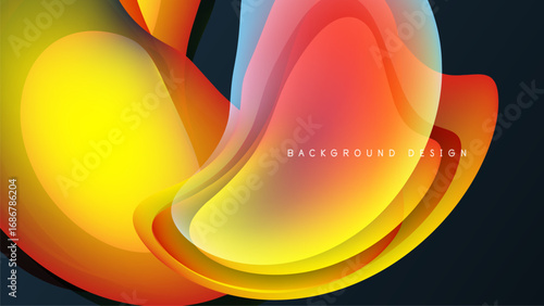 Abstract fluid shapes overlap, creating vibrant color gradients. Yellows, oranges, reds blend against dark background. Modern design element.