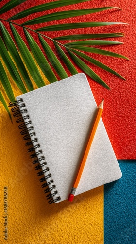 Brightly Colored Desk With a Blank Notebook and Pencil on Textured Paper