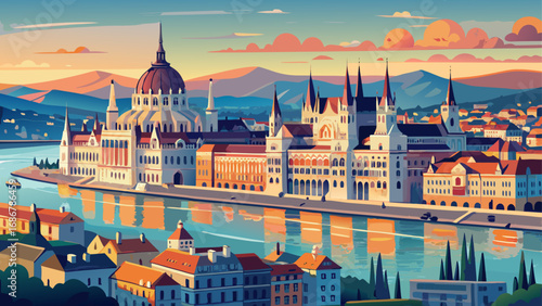Budapest’s Danube Panorama, Hungary reveals grand parliament domes, neo-Gothic spires, and historic baths, illuminated along the riverbanks in a sweeping cultural and architectural ensemble.