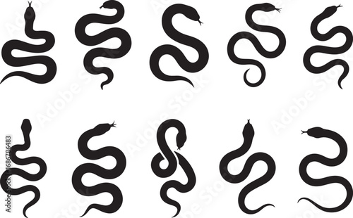 Ten Black Snake Silhouettes on White Background in Various Poses snakes