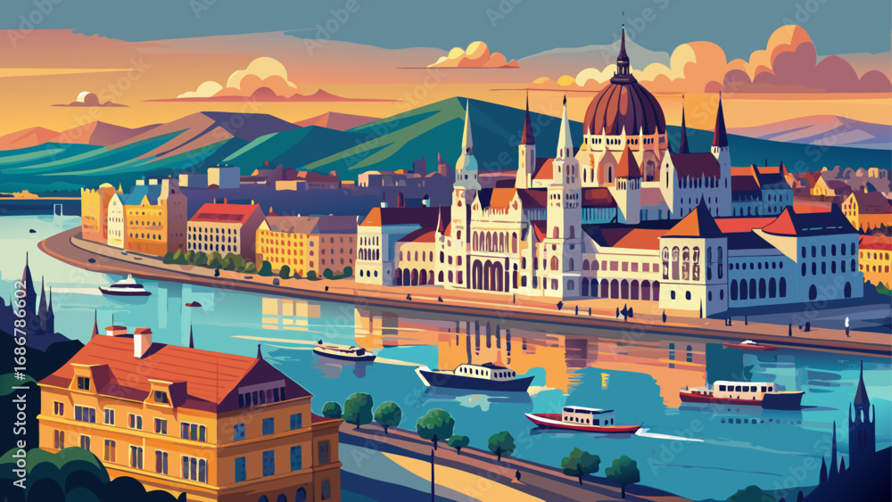 Fototapeta premium Budapest’s Danube Panorama, Hungary reveals grand parliament domes, neo-Gothic spires, and historic baths, illuminated along the riverbanks in a sweeping cultural and architectural ensemble.