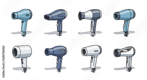 Hair dryer vector icon set with blue and gray modern designs