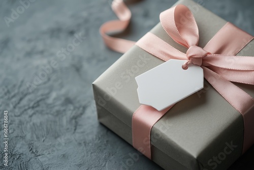 Beautifully Wrapped Gift Box With Pink Ribbon and Blank Tag on Dark Background.