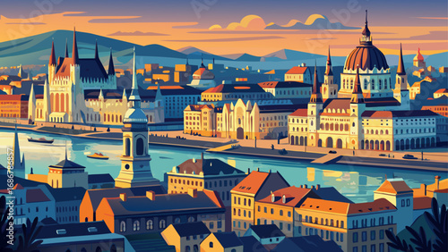 Budapest’s Danube Panorama, Hungary reveals grand parliament domes, neo-Gothic spires, and historic baths, illuminated along the riverbanks in a sweeping cultural and architectural ensemble.