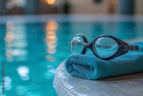Goggles Resting on a Towel by the Poolside in a Relaxing Indoor Swimming Area