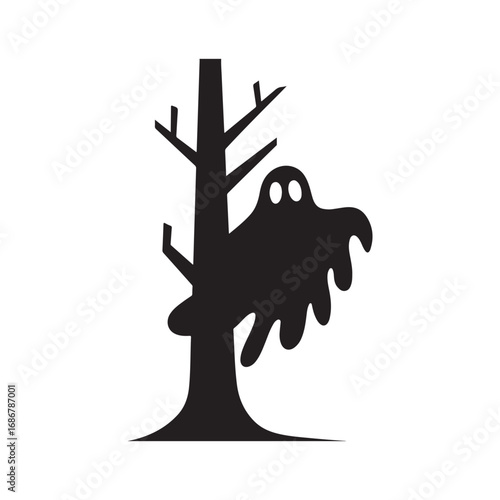 Spooky Ghost Hiding Behind a Tree  Silhouette for Halloween Design