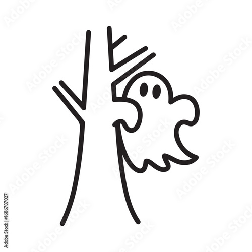 Cute Outline Drawing of a Ghost Peeking Behind a Tree