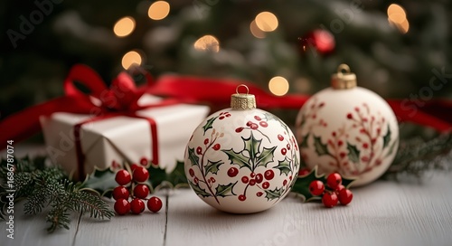 Holiday Decorations Featuring Beautiful Ornaments and Festive Gift Wrapping o...