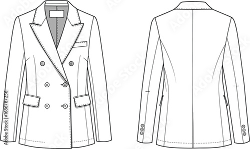 Double breasted women's blazer flat sketch, front and back view, formal jacket design, fashion illustration for apparel design template