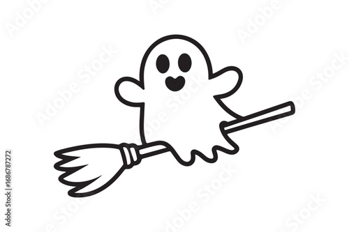 Friendly and Cute Flying Ghost on a Broomstick Halloween Line Art