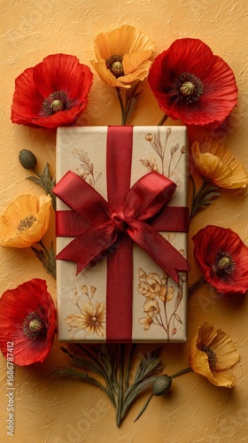 Gift Wrapped Beautifully With Red Ribbon and Fresh Flowers on a Textured Back...