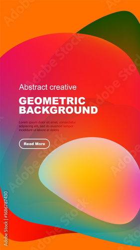 Vibrant abstract shapes overlap black background. Text promotes creative geometric design, inviting further exploration.