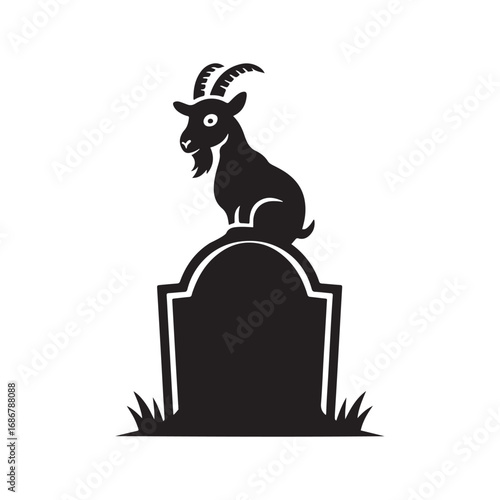 Mysterious and Spooky Goat Sitting on a Gravestone Halloween Silhouette
