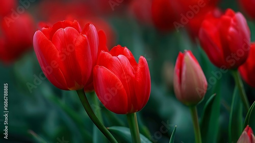Vibrant red tulips in a lush garden field