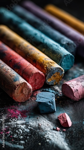Vibrant Chalk Pastels Arranged on a Dark Surface Create an Artistic Display o...
