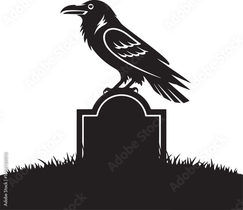 Majestic Raven Perched on a Gravestone in a Spooky and Mysterious Cemetery
