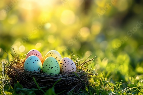 Colorful Easter Eggs Resting in a Natural Nest on a Sunny Spring Afternoon