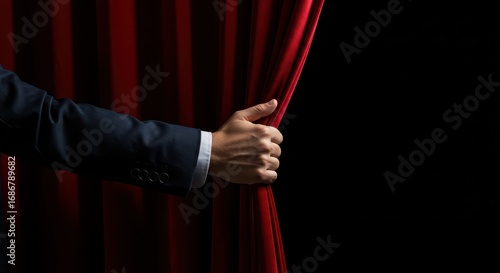 Curtain Call: A man's hand, dressed in a sophisticated suit, gracefully pulls back a vibrant red curtain, inviting the viewer into a world of mystery and performance.