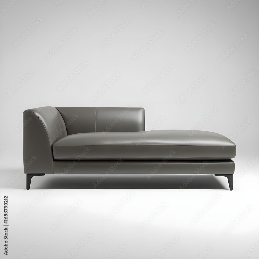 Obraz premium Modern chaise lounge upholstered in sleek grey faux leather, reflecting contemporary sophistication, set against a plain background for stylish homes in 4K.