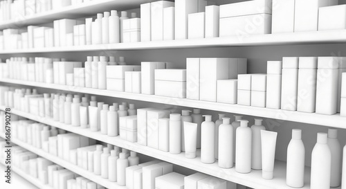 Rows of white generic product packaging displayed on shelves, including boxes, bottles, and tubes.