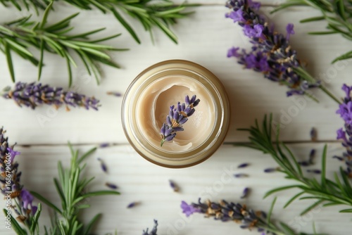 Lavender Cream in a Glass Jar Surrounded by Fresh Lavender and Rosemary Sprigs