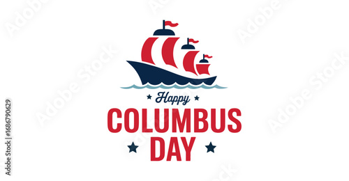 Free Download Festive Columbus Day illustration with red-sailed ship, stars, bold typography, and stylized waves evoking patriotic and nautical celebration - GFXLoad