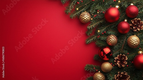 Decorative Christmas Arrangement With Pinecones and Ornaments on Vibrant Red ...