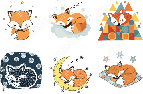 Cute sleeping fox illustration in various artistic styles with stars, moon, clouds, and peaceful night backgrounds for cozy animal design