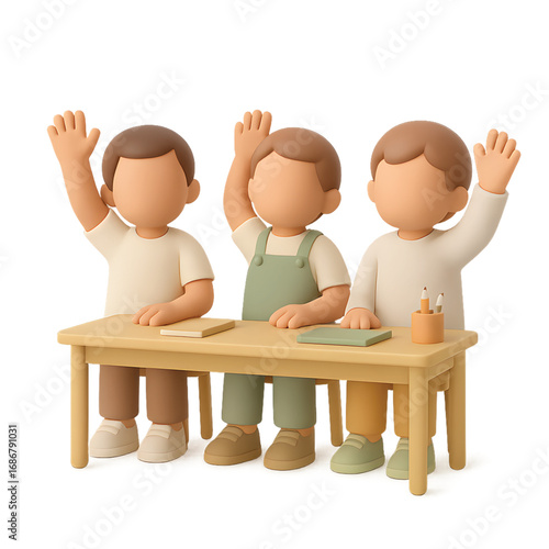 Group of three school children raising hands while seated at desk, pastel 3D cartoon illustration