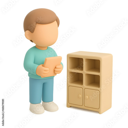 Young boy standing and holding a book next to an empty storage shelf, pastel 3D cartoon illustration