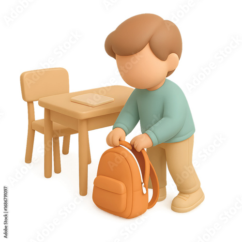 Student boy standing beside desk while packing orange backpack, pastel 3D cartoon style illustration