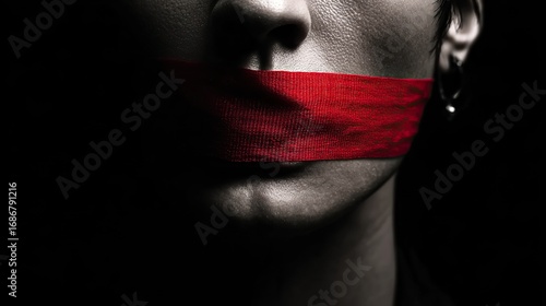 Close-up portrait of young man’s lower face with red tape sealing mouth, symbolizing censorship, suppression of speech, and freedom of expression on a dark background