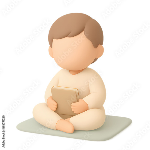 Child sitting cross-legged on soft mat holding a closed book, pastel 3D cartoon illustration