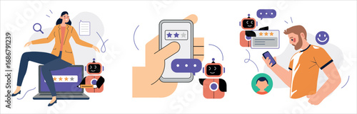 Feedback with AI assistance. Characters give review, rate service, leave stars and comments using artificial intelligence.