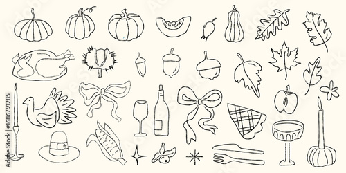 Hand drawn whimsical Friendsgiving dinner doodle set with bows and festive autumn icons. Cozy Thanksgiving celebration and fall harvest gathering concept. Flat vector illustration isolated.