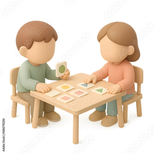 Two children sitting and playing a matching game with colorful shapes, pastel 3D cartoon illustration
