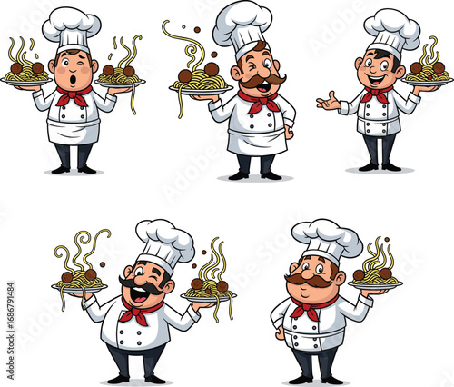 Five cartoon chefs holding plates of hot spaghetti with meatballs, cute cooking vector illustration for Italian cuisine, restaurant, and food design