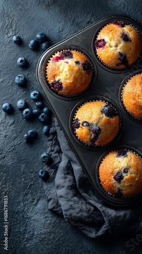 Blueberry Muffins Cooling in a Black Muffin Tray on a Dark Countertop With Fr...