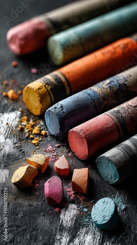 Vibrant Chalk Pastels Arranged on a Dark Surface Create an Artistic Display o...
